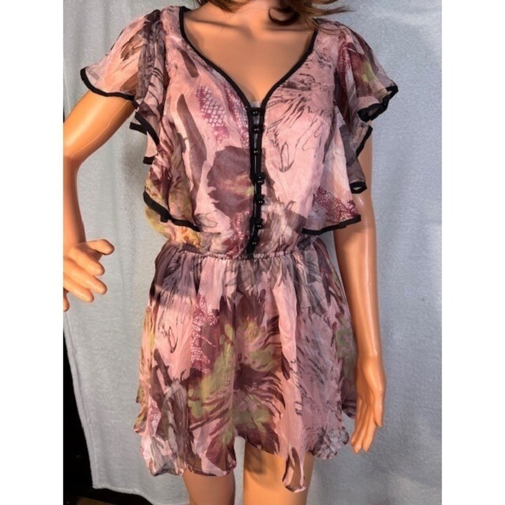 EUC Cecico flutter short sleeves baby doll style pink green sheer buttons Size S